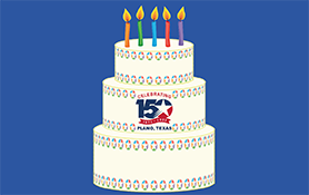 Three tier yellow birthday cake with colorful candles and 150th anniversary logo on blue background